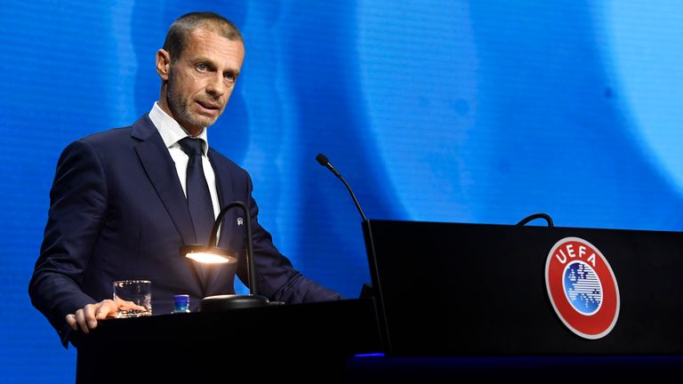 UEFA President Aleksander Ceferin speaks during the 45th UEFA Congress in Montreux (AP)