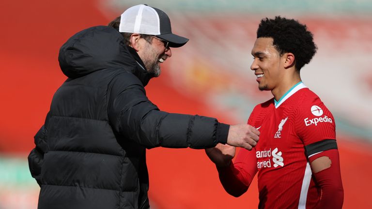 Jurgen Klopp congratulates Trent Alexander-Arnold after his late winner against Aston Villa