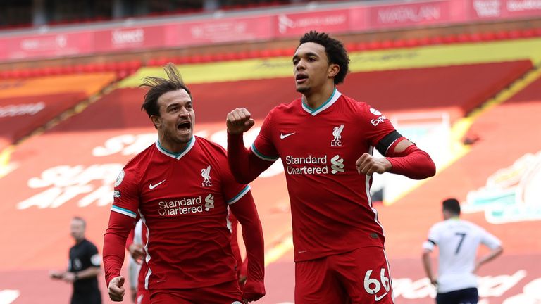 Liverpool's Trent Alexander-Arnold celebrates scoring their side's second goal of the game during the Premier League match at Anfield, Liverpool.