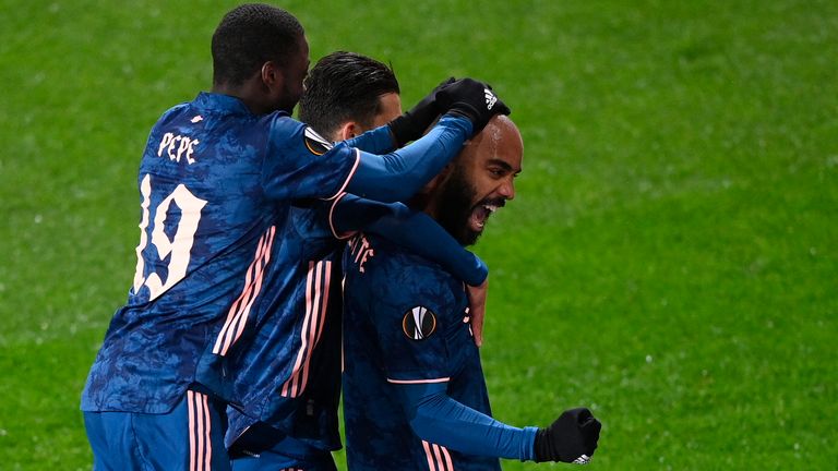 Alexandre Lacazette of Arsenal (right) celebrates second goal of Arsenal during the FC European Football League quarterfinal match SK Slavia Prague vs Arsenal