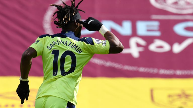 Newcastle's Allan Saint-Maximin celebrates after scoring his team's second goal (AP)