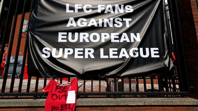 A banner placed outside of Anfield in protest against Liverpool's involvement in a new European Super League