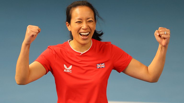 Great Britain's captain Anne Keothavong reacts during a warm up session during day two of the Billie Jean King Cup Play-Offs between Great Britain and Mexico at National Tennis Centre on April 17, 2021 in London, England. (Photo by Naomi Baker/Getty Images for LTA)