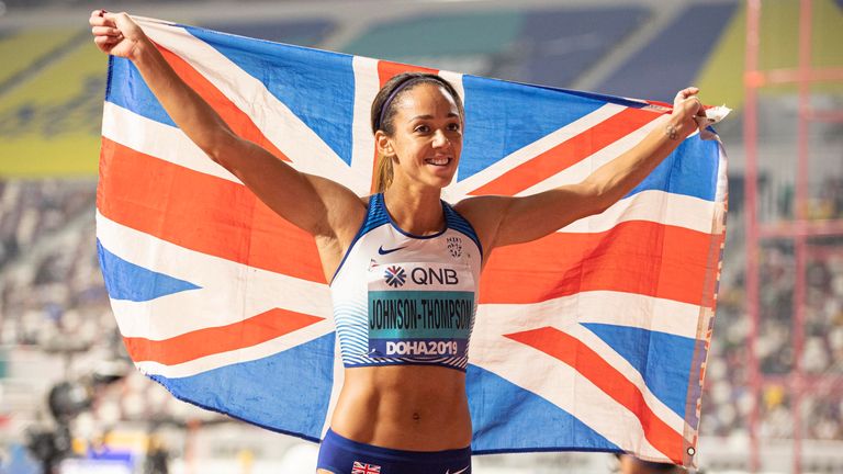 Katarina Johnson-Thompson after she claimed gold in the heptathlon World Athletics Championships 2019 in Doha, Qatar