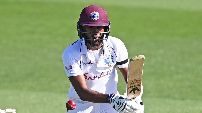 AP Newsroom - West Indies opener Kraigg Brathwaite bats during play on day two of the first cricket test between the West Indies and New Zealand in Hamilton, New Zealand, Friday, Dec. 4, 2020. (Andrew Cornaga/Photosport via AP)                             