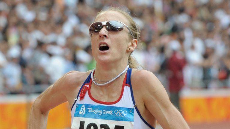 AP - Paula Radcliffe of Team GB finishes the women's marathon at the Beijing 2008 Olympics