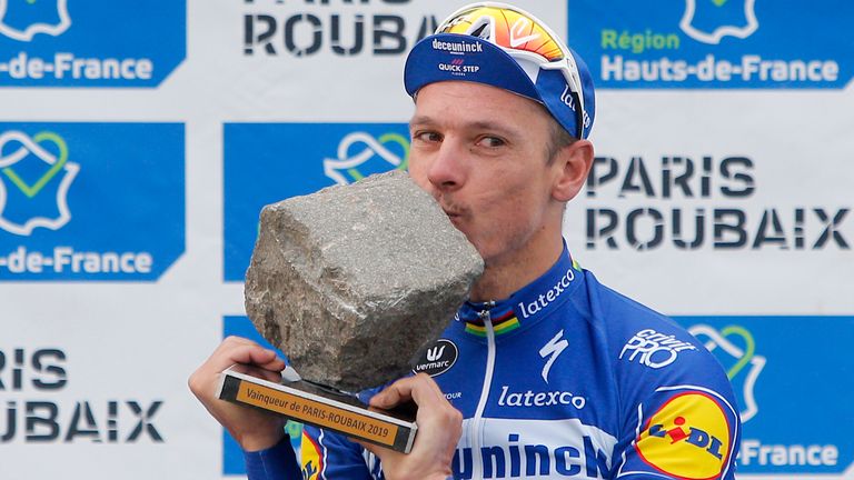 AP - 2019 Paris-Roubaix winner Philippe Gilbert with his trophy