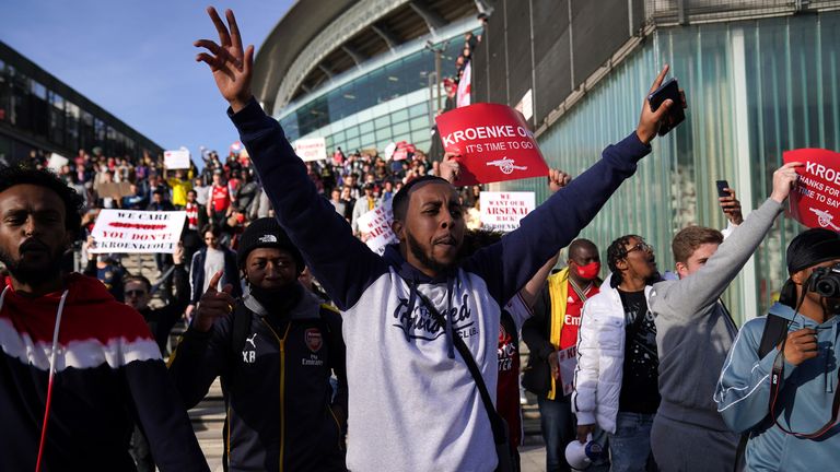 Arsenal supporters protest against Stan Kroenke outside the Emirates