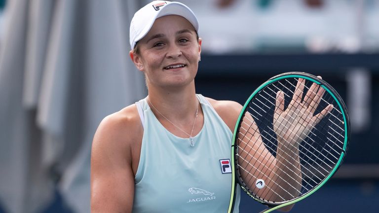 Australia's Ashleigh Barty waves to fans during the Miami Open tennis championship on Thursday, Apr. 1, 2021, in Miami Gardens, Fla. (Peter McMahon/Miami Dolphins via AP)