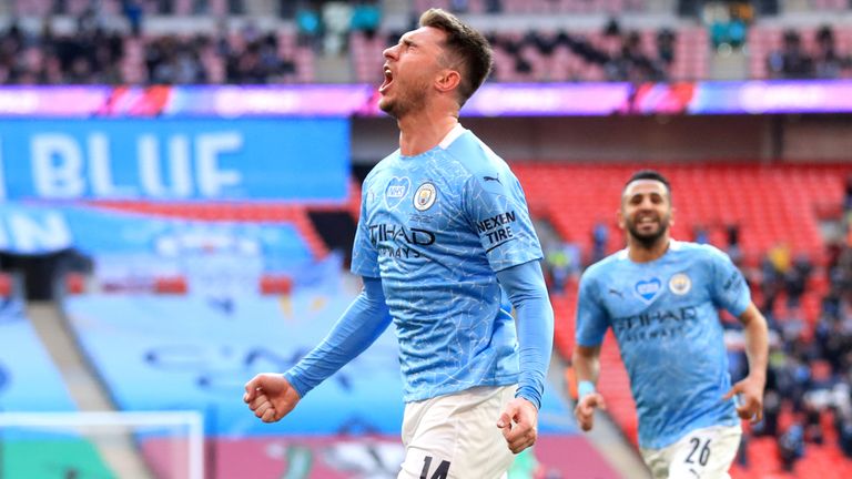 Manchester City's Aymeric Laporte celebrates scoring the winner in the Carabao Cup final