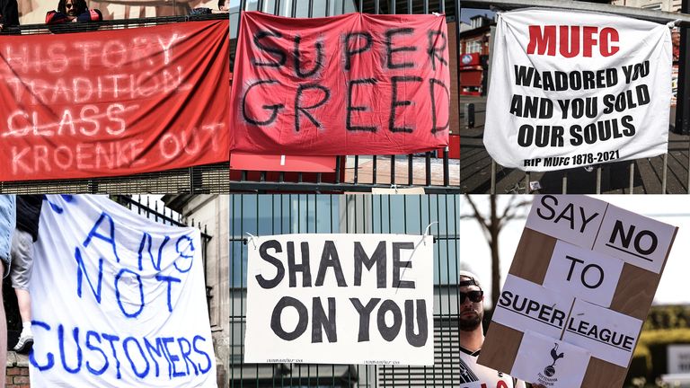 Fans have placed banners outside grounds of the 'Big Six' in protest at the European Super League