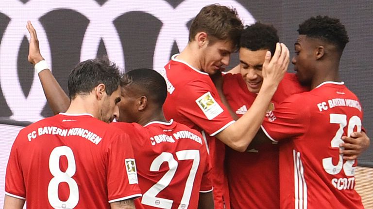 Bayern Munich celebrate after Jamal Musiala's goal