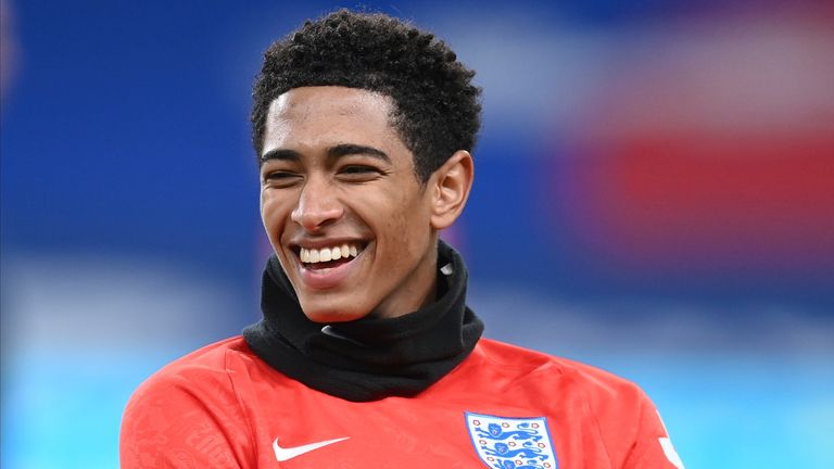 England's Jude Bellingham warms up before the UEFA Nations League soccer match between England and Iceland at Wembley stadium in London, Wednesday, Nov. 18, 2020. (Michael Regan/Pool via AP)