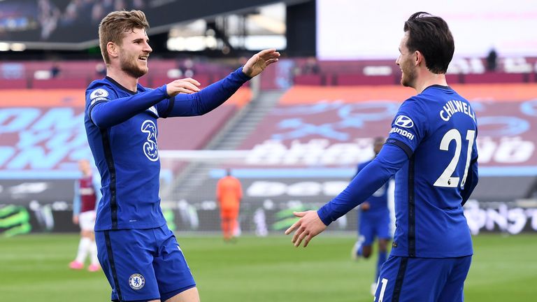 Timo Werner celebrates with Ben Chilwell after the pair combined for the opener