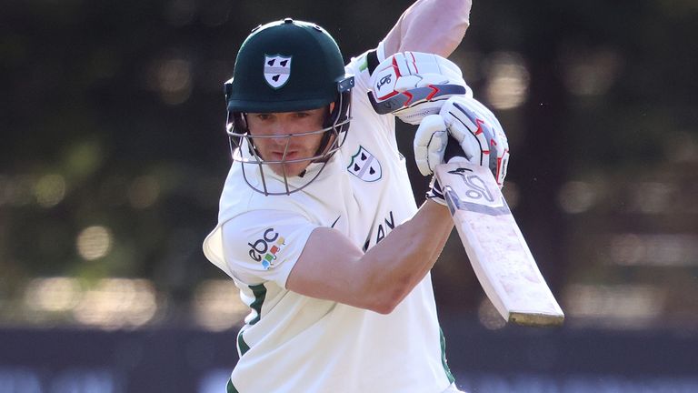Ben Cox of Worcestershire hits runs during day two of the LV= Insurance County Championship matchbetween Derbyshire and Worcestershire at The Incora County Ground on April 16, 2021 in Derby, England. 