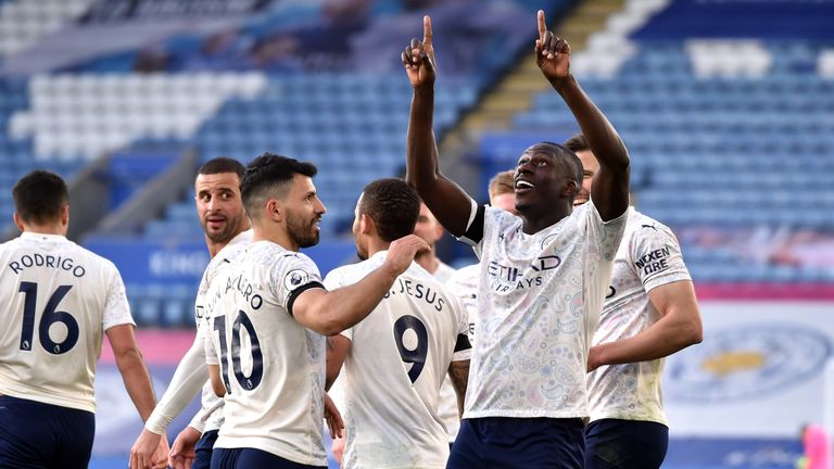 Benjamin Mendy celebrates a rare Premier League strike to give City the lead