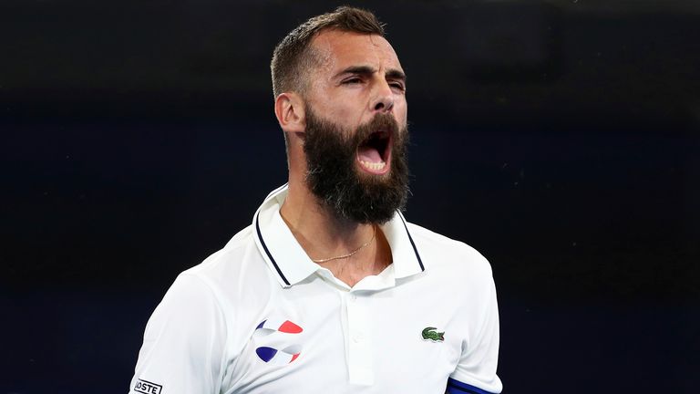 Benoit Paire of France reacts after winning a point during his match against Dusan Lajovic of Serbia at the ATP Cup tennis tournament in Brisbane, Australia, Monday, Jan. 6, 2020. (AP Photo/Tertius Pickard)