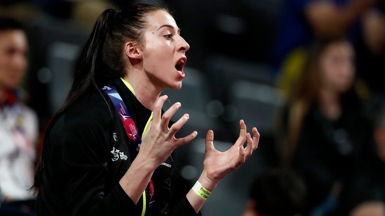 Great Britain's Bianca Walkden watches her boyfriend, Moldova's Aaron Cook, during his quarter final match against Azerbaijan's Milad Beigi Harc, during day four of the World Taekwondo Championships at Manchester Arena, Manchester. PRESS ASSOCIATION Photo. Picture date: Saturday May 18, 2019. Photo credit should read: Martin Rickett/PA Wire