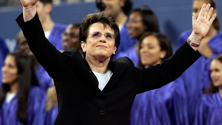 Billie Jean King waves to the crowd during the dedication ceremony for the USTA National Tennis Center re-named in her honor at the US Open tennis tournament in New York, Monday, Aug. 28, 2006.
