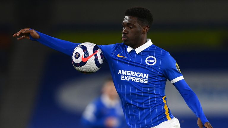 Brighton and Hove Albion&#39;s Yves Bissouma commits a handball during the Premier League match at the American Express Community Stadium, Brighton