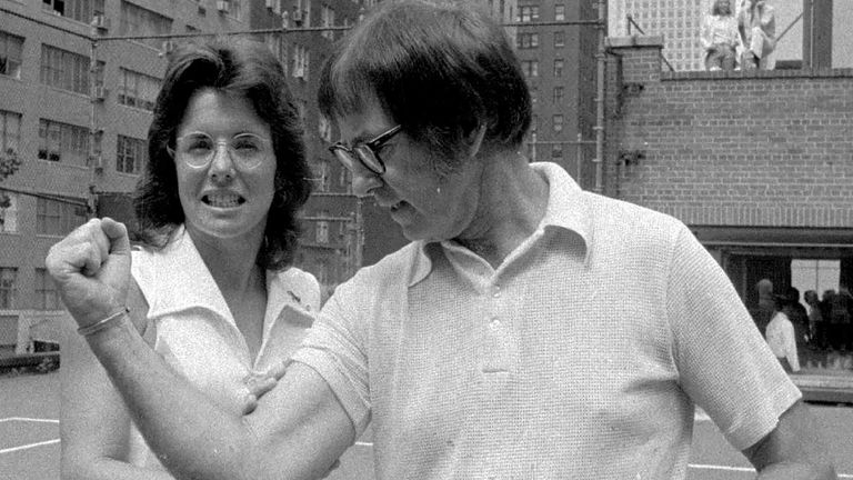 Bobby Riggs poses for Billie Jean King. King won 12 Grand Slam singles titles, including six at Wimbledon, but her most famous match came in 1973 when she beat 55-year-old Bobby Riggs 6-4, 6-3, 6-3 in the “Battle of the Sexes.”