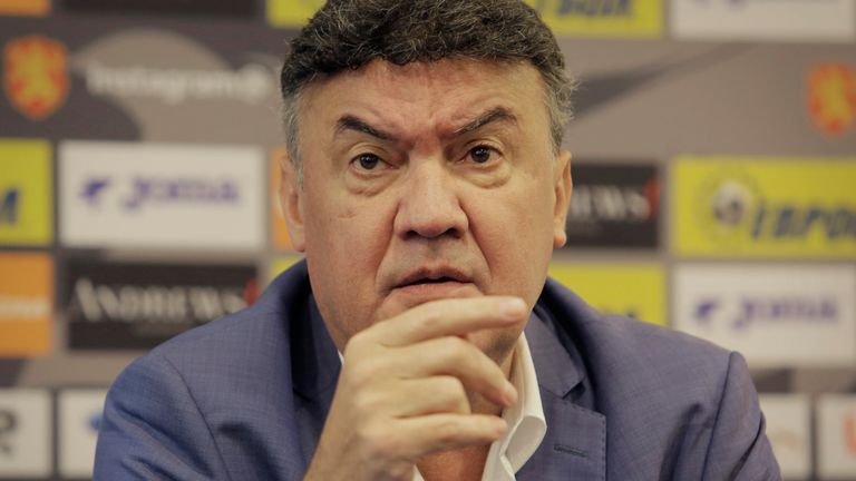 Borislav Mihailov speaks during press conference in Sofia, Bulgaria, Friday,  Oct. 18, 2019. The president of Bulgaria...s Football Union Borislav Mihaylov handed in his resignation to the executive committee of the union on Friday.  (AP Photo/Valentina Petrova).