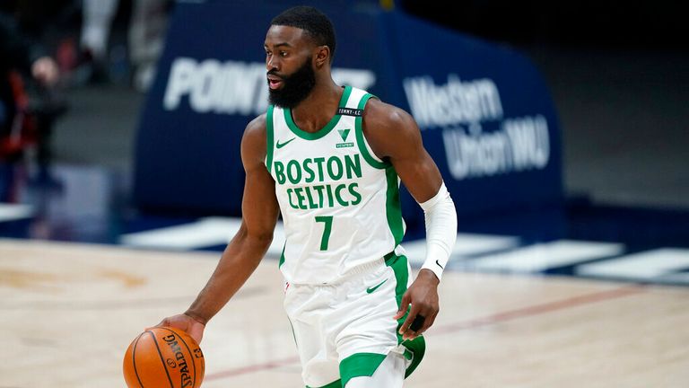 AP - Boston Celtics guard Jaylen Brown (7) in the first half of an NBA basketball game 