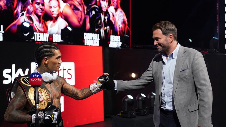 Conor Benn vs Samuel Vargas, WBA Continental Welttereight Title Fight.
10 April 2021
Picture By Dave Thompson Matchroom Boxing
Conor Benn celebrates his win with Eddie Hearn.