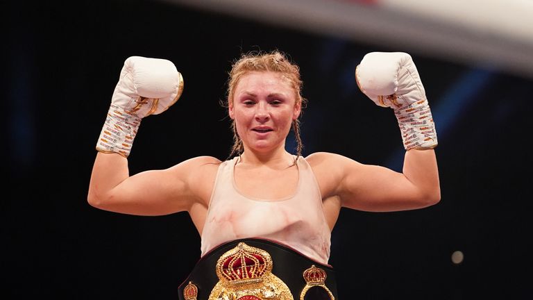 Shannon Courtenay vs Ebanie Bridges, Vacant WBA World Female Bantamweight Title fight
10 April 2021
Picture By Dave Thompson Matchroom Boxing
Shannon Courtenay celebrates her victory.