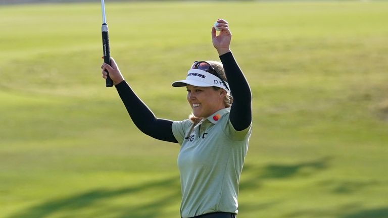 Brooke Henderson reacts after sinking her last putt to win the LPGA's Hugel-Air Premia LA Open
