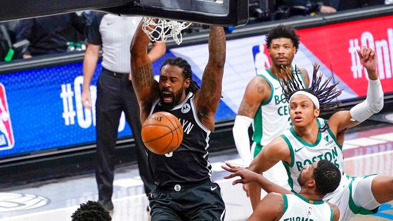 AP - Brooklyn Nets center DeAndre Jordan dunks during the second half of an NBA basketball game against the 