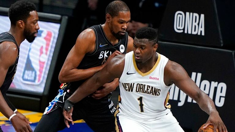 AP - Brooklyn Nets&#39; Kevin Durant (7) defends New Orleans Pelicans&#39; Zion Williamson (1) 