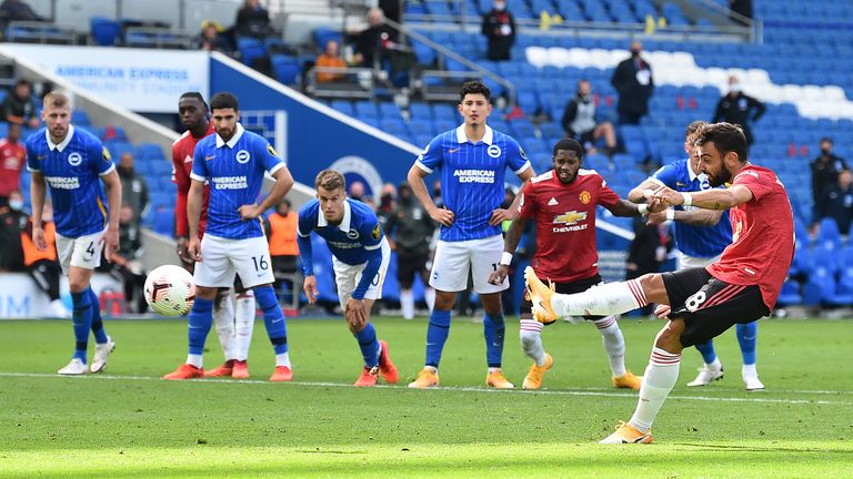 PA - Bruno Fernandes scores against Brighton at the Amex