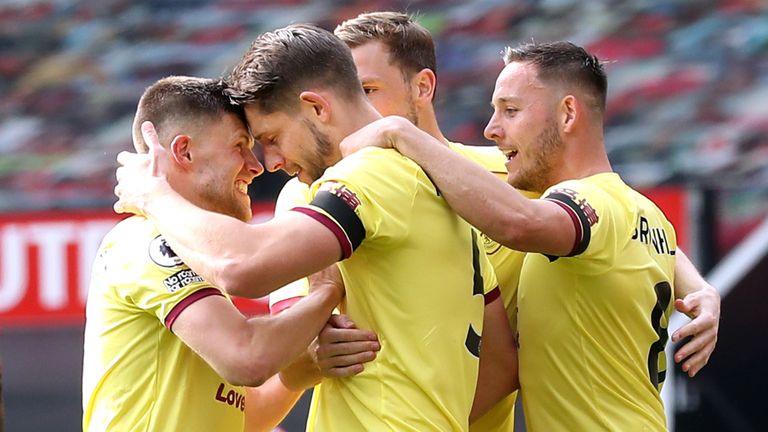 Burnley's James Tarkowski celebrates with his team-mates after scoring against Manchester United