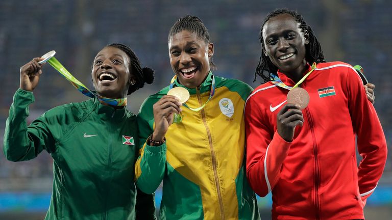 Semenya (centre) will be unable to defend the Olympics 800m title she won in Rio 