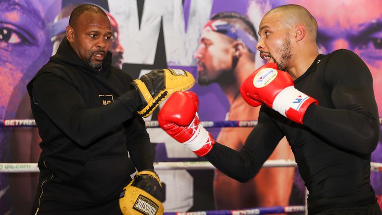 *** FREE FOR EDITORIAL USE ***.Chris Eubank Jr trains at the fight hotel with trainer Roy Jones Jr..28 April 2021.Picture By Mark Robinson Matchroom Boxing