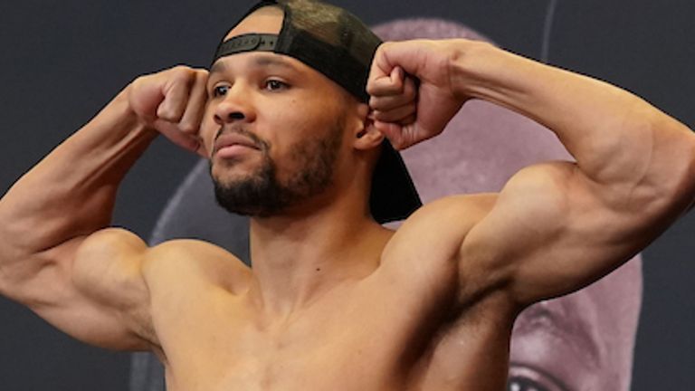 *** FREE FOR EDITORIAL USE ***.Chris Eubank Jr and Marcus Morrison during their Weigh In ahead of their Middleweight fight Contest tomorrow night..30 April 2021.Picture By Dave Thompson Matchroom Boxing