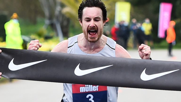 Chris Thompson celebrates victory at the Great Britain marathon trials last month