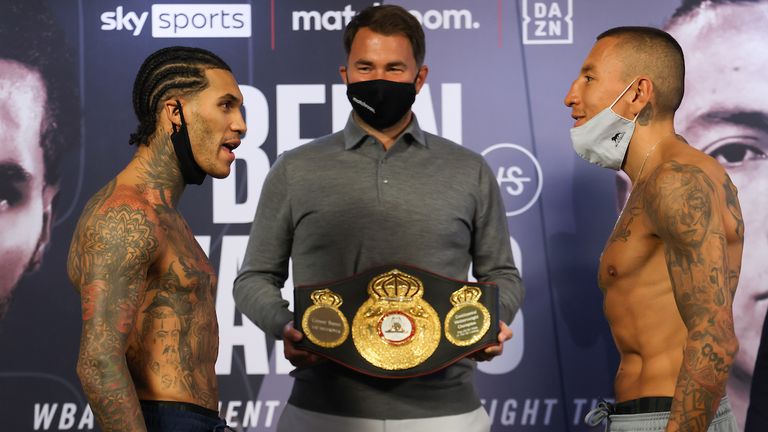 *** FREE FOR EDITORIAL USE ***.Conor Benn and Samuel Vargas Weigh In ahead of their WBA Continental Welterweight Title on tomorrow Night..9 April 2021.Picture By Mark Robinson Matchroom Boxing