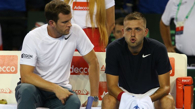 Great Britains Dan Evans and captain Leon Smith during his match against Australias Bernard Tomic during day one of the Davis Cup Semi Finals between Great Britain and Australia at the Emirates Arena, Glasgow.