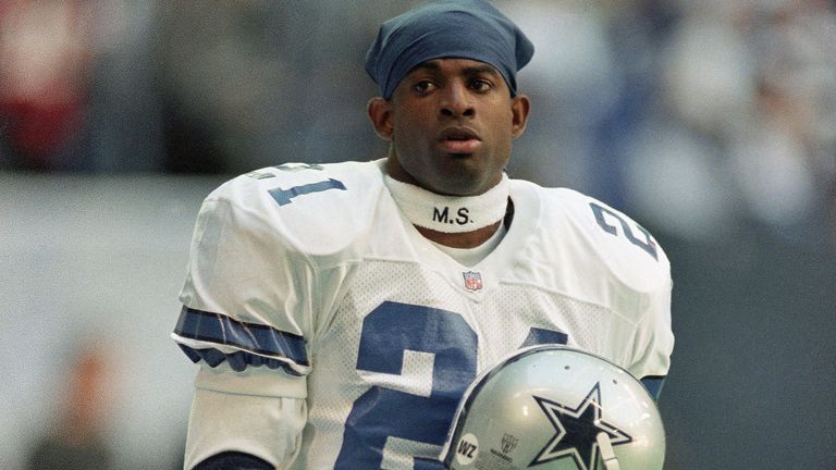 Deion Sanders in Cowboys uniform for game against his old team the San Francisco 49ers in Dallas, Nov. 12, 1995. (AP Photo/Eric Gay)