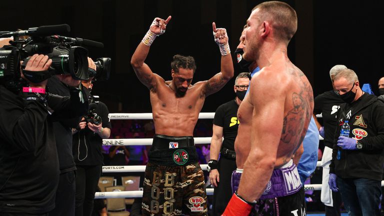 April 17, 2021; Miami, FL; Demetrius Andrade and Liam Williams during their bout on the April 17, 2021 Matchroom boxing fight card at the Hard Rock Seminole Casino in Hollywood, FL. Mandatory Credit: Ed Mulholland/Matchroom.