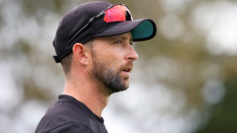 Devon Conway of New Zealand looks on during game one of the International T20 series between New Zealand and Bangladesh at Seddon Park on March 28, 2021 in Hamilton, New Zealand.