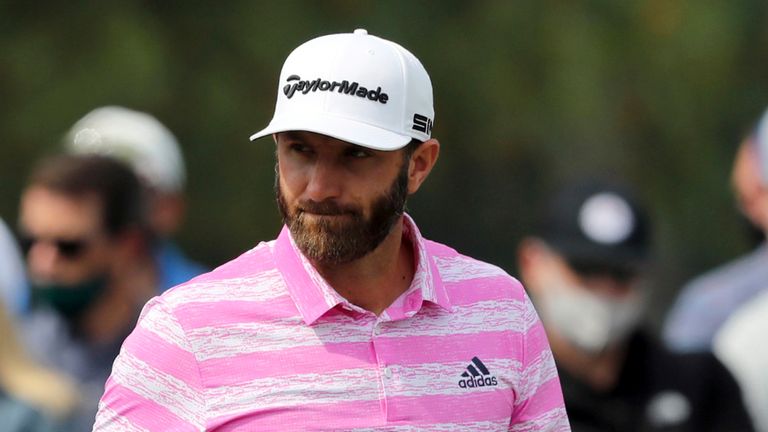 April 8, 2021, Augusta: Dustin Johnson reacts to his missed eagle putt on the second hole during the first round of the Masters at Augusta National Golf Club on Thursday, April 8, 2021, in Augusta. Curtis Compton/ccompton@ajc.com.