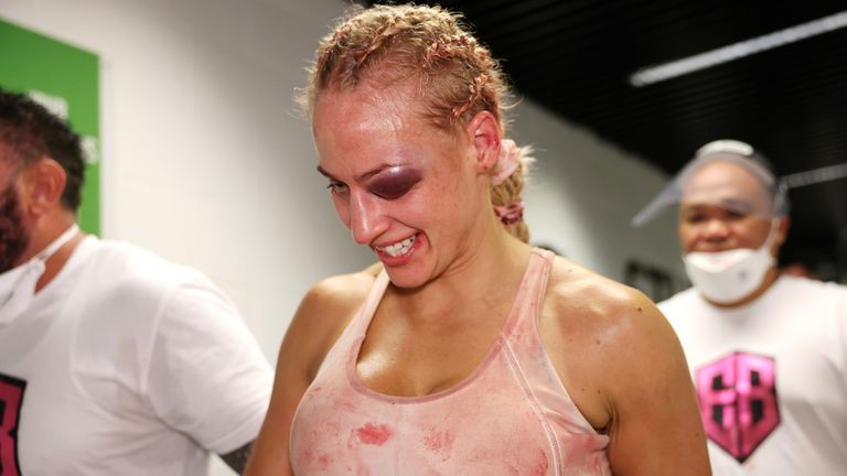 *** FREE FOR EDITORIAL USE ***.Shannon Courtenay vs Ebanie Bridges, Vacant WBA World Female Bantamweight Title fight.10 April 2021.Picture By Mark Robinson Matchroom Boxing.Ebanie Bridge after her loss. 