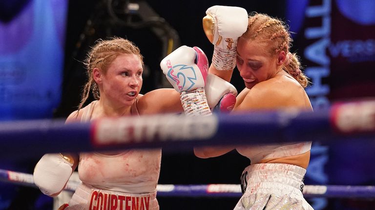 *** FREE FOR EDITORIAL USE ***.Shannon Courtenay vs Ebanie Bridges, Vacant WBA World Female Bantamweight Title fight.10 April 2021.Picture By Dave Thompson Matchroom Boxing.
