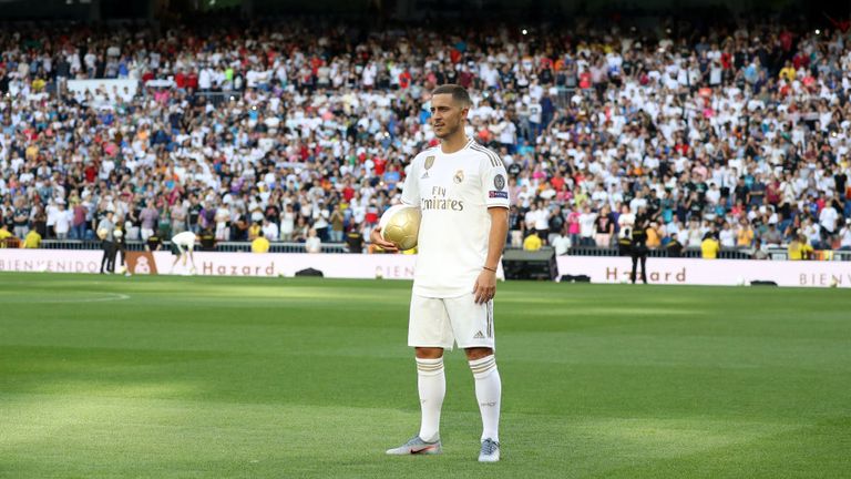Eden Hazard is presented to the Real Madrid fans at his unveiling in 2019