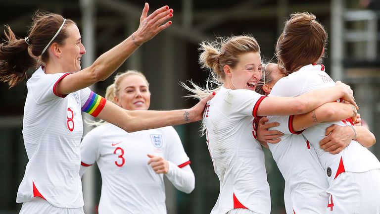 England Women celebrate a goal vs Northern Ireland