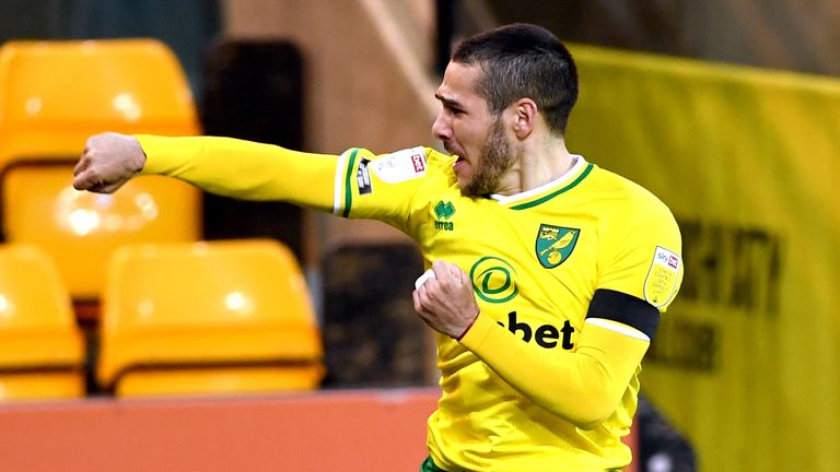 Emi Buendia celebrates scoring for Norwich