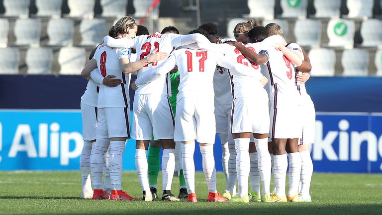 England players during a huddle prior to kick-off during the 21 UEFA European Under-21 Championship match at the Bonifika Stadium in Koper, Slovenia. Picture date: Wednesday March 31, 2021.